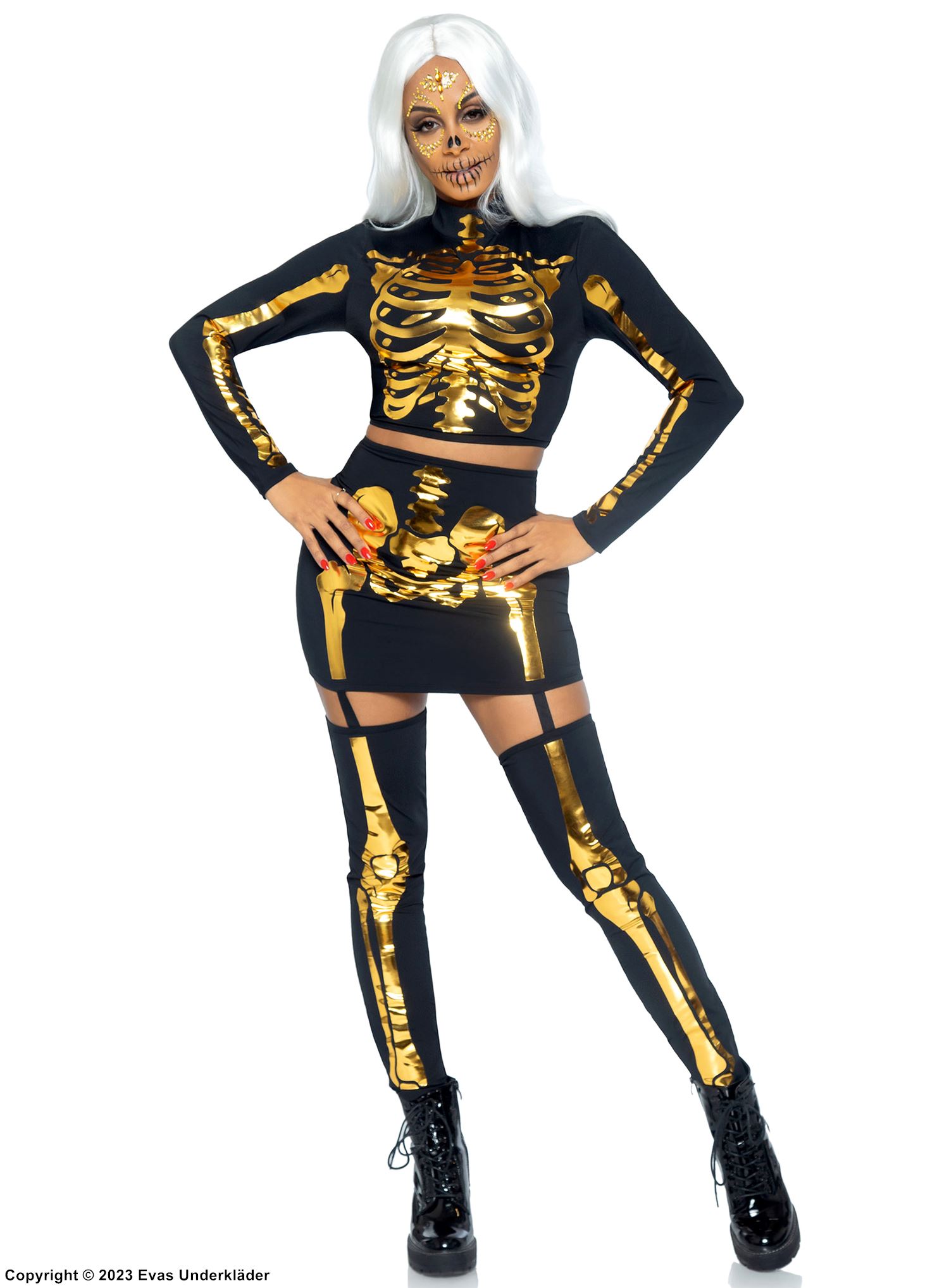 Top and skirt costume, long sleeves, skeleton
